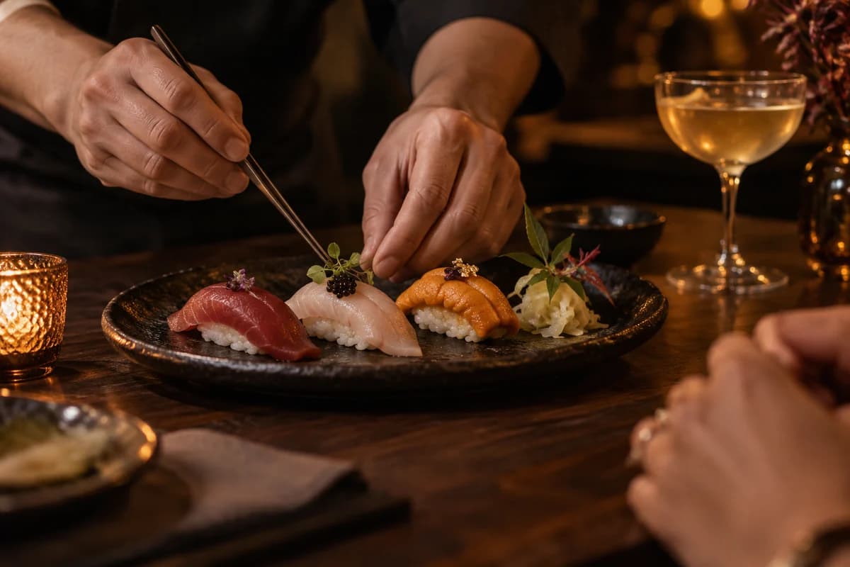 A personal touch from the chef, finishing a small plate